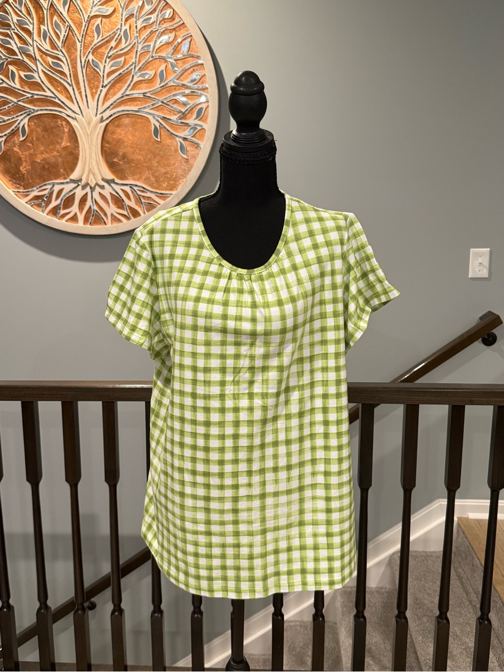Denim&Co Green and White Gingham Short-Sleeve Tee